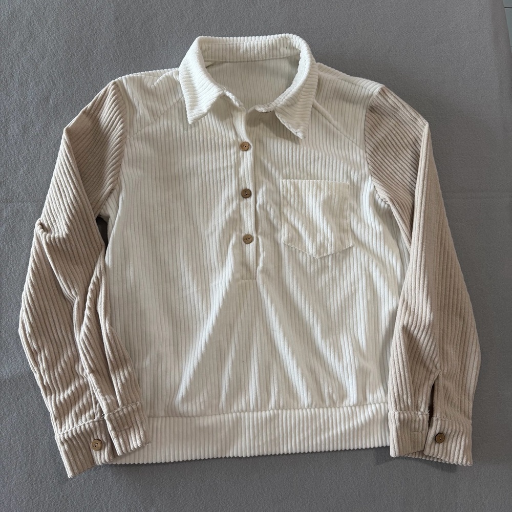 Women's Corduroy Style Colorblock Long Sleeve Collared Top Size M #260612